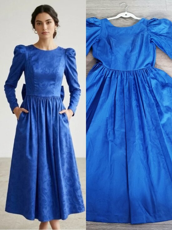 Laura Ashley Dresses & Skirts - Vtg Laura Ashley Blue Damask Puff Sleeve Dress Bow Back Pockets